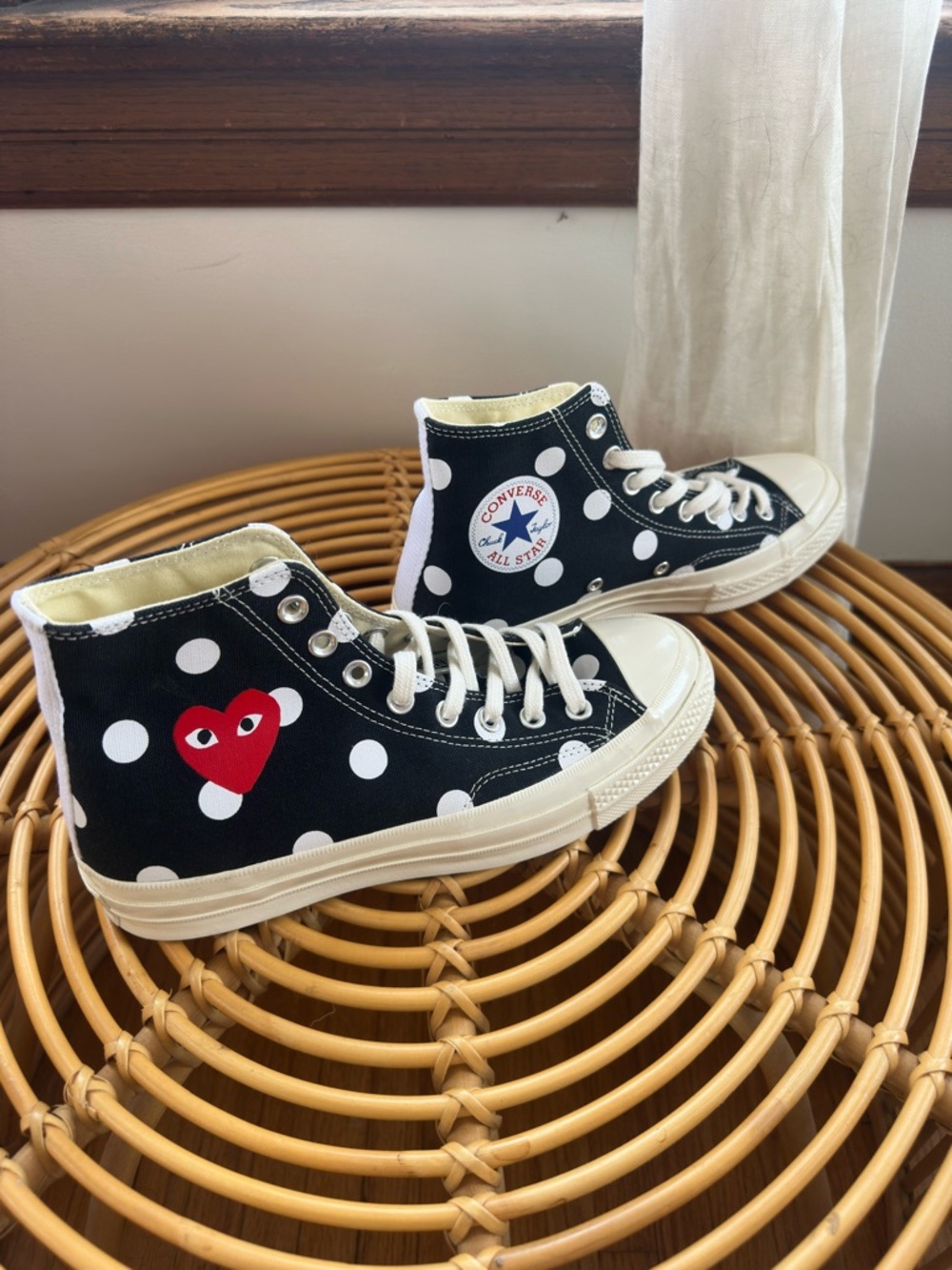 Comme des Garçons x Converse Black Polka Dot High-Top Sneakers with Red Heart